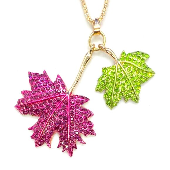 Purple & Green Maple Fall LEAVES Pendant Necklace - Picture 2 of 2